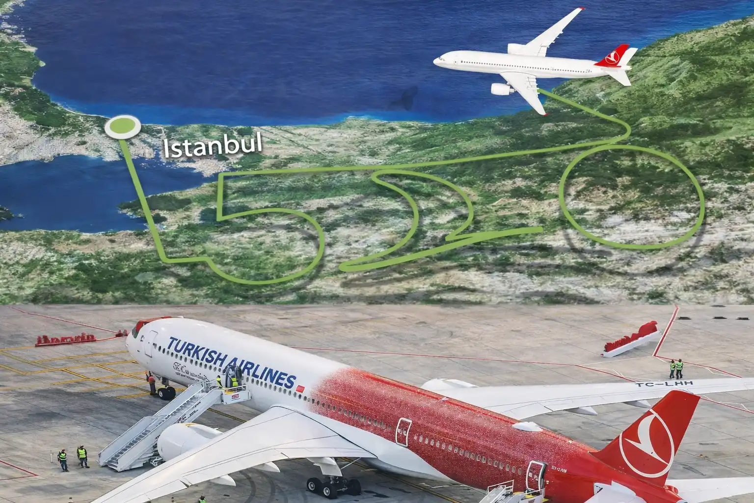 THY’nin 500. uçağı 100 bin fotoğraflı özel tasarımla  İstanbul semalarında 500 çizdi